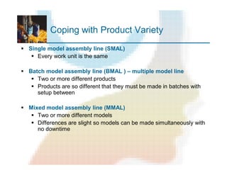 Coping with Product Variety
§ Single model assembly line (SMAL)
§ Every work unit is the same
§ Batch model assembly line (BMAL ) – multiple model line
§ Two or more different products
§ Products are so different that they must be made in batches with
setup between
§ Mixed model assembly line (MMAL)
§ Two or more different models
§ Differences are slight so models can be made simultaneously with
no downtime
 
