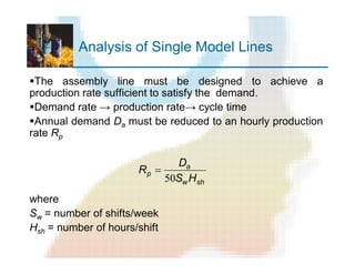 Analysis of Single Model Lines
§The assembly line must be designed to achieve a
production rate sufficient to satisfy the demand.
§Demand rate → production rate→ cycle time
§Annual demand Da must be reduced to an hourly production
rate Rp
where
Sw = number of shifts/week
Hsh = number of hours/shift
shw
a
p
HS
D
R
50
=
 