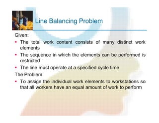 Line Balancing Problem
Given:
§ The total work content consists of many distinct work
elements
§ The sequence in which the elements can be performed is
restricted
§ The line must operate at a specified cycle time
The Problem:
§ To assign the individual work elements to workstations so
that all workers have an equal amount of work to perform
 