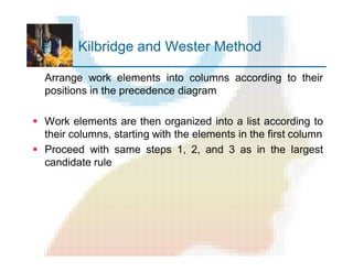 Kilbridge and Wester Method
Arrange work elements into columns according to their
positions in the precedence diagram
§ Work elements are then organized into a list according to
their columns, starting with the elements in the first column
§ Proceed with same steps 1, 2, and 3 as in the largest
candidate rule
 