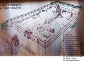 1. Entrance
2. Keralantakan thiruvasal
3. Raja rajan thiruvasal
4. Nandhi mandapam
5. Varahi shrine
6. South cloister mandapam
7. Brihadisvara temple
9. Ganesh shrine
10. Karuvur deva shrine
11. Subramaniya shrine
12. Chandikeshvara shrine
13. North cloister mandapam
14. Amman shrine
15. Nataraja mandapam
 