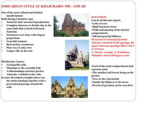 INDO ARYAN STYLE AT KHAJURAHO- 950 – 1150 AD
One of the most refined and finished
manifestations
Built during Chandela rajas
• Noted for their structural productions
• Complete absences or decline due to the
same faith that existed at Konark-
Tantrism
• Structures were done with elegant
proportions
• Graceful contours
• Rich surface treatments
• Plan was a Latin cross
• Longer side on the east
Divided into 3 parts:
• Garbagriha-cella
• Mandapa or the assembly hall
• Ardhamandapa-entrance portico
• Antarala- vestibule to the cella
In more developed examples there was
the maha mandapa together with a
processional passage around the
cella
•Each of the main compartments had
separate roofs
•The smallest and lowest being on the
portico
•Next on the central hall
•Finally the Shikara or the tower
•Process of gyration can be seen here
ELEVATION
Can be divide into 4 parts
•Lofty terrace
•High basement storey
•Walls and opening of the interior
compartments
•Tall and graceful Shikara
Pronounced vertical projections
2nd part consisted of all openings, the
spaces between openings filled with 2
or 3 friezes
A Classic example is Kandariya
Mahadeo- where 650 figures exist
 