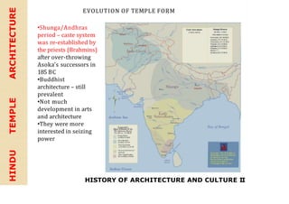 HISTORY OF ARCHITECTURE AND CULTURE II
HINDU
TEMPLE
ARCHITECTURE EVOLUTION OF TEMPLE FORM
•Shunga/Andhras
period – caste system
was re-established by
the priests (Brahmins)
after over-throwing
Asoka’s successors in
185 BC
•Buddhist
architecture – still
prevalent
•Not much
development in arts
and architecture
•They were more
interested in seizing
power
 