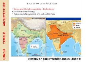 HISTORY OF ARCHITECTURE AND CULTURE II
HINDU
TEMPLE
ARCHITECTURE EVOLUTION OF TEMPLE FORM
• Gupta and Chalukyan periods – Brahminism
• Intellectual-awakening
• Fundamental progress in arts and architecture
 