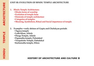 HINDU
TEMPLE
ARCHITECTURE
UNIT III: EVOLUTION OF HINDU TEMPLE ARCHITECTURE
1. Hindu Temple Architecture:
• Hindu forms of worship
• Evolution of temple form
• Elements of temple architecture
• Categories of temples
• Meaning, Symbolism, Ritual and Social importance of temple
2. Examples –early shrines of Gupta and Chalukyan periods
• Tigawa temple
• Ladh Khan, Aihole
• Durga Temple, Aihole
• Papanatha temple, Pattadakal
• Virupaksha Temple, Pattadakal
• Kailasnatha temple, Ellora
HISTORY OF ARCHITECTURE AND CULTURE II
 