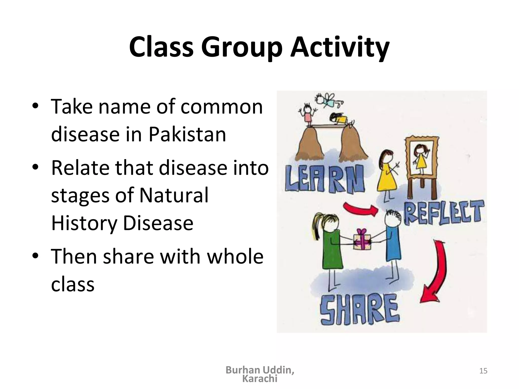 Class Group Activity
• Take name of common
disease in Pakistan
• Relate that disease into
stages of Natural
History Disease
• Then share with whole
class
15
Burhan Uddin,
Karachi
 