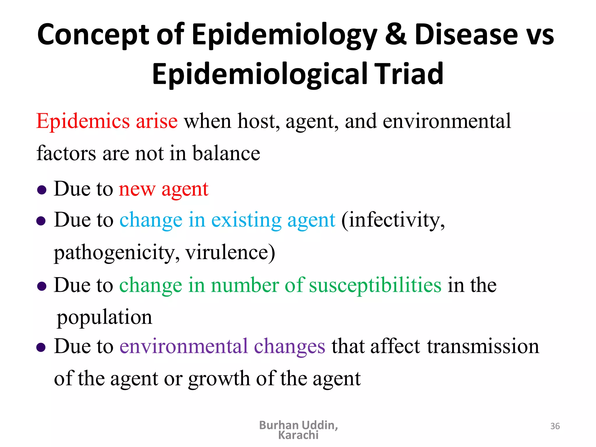 36
Concept of Epidemiology & Disease vs
Epidemiological Triad
Epidemics arise when host, agent, and environmental
factors are not in balance
 Due to new agent
 Due to change in existing agent (infectivity,
pathogenicity, virulence)
 Due to change in number of susceptibilities in the
population
 Due to environmental changes that affect transmission
of the agent or growth of the agent
Burhan Uddin,
Karachi
 