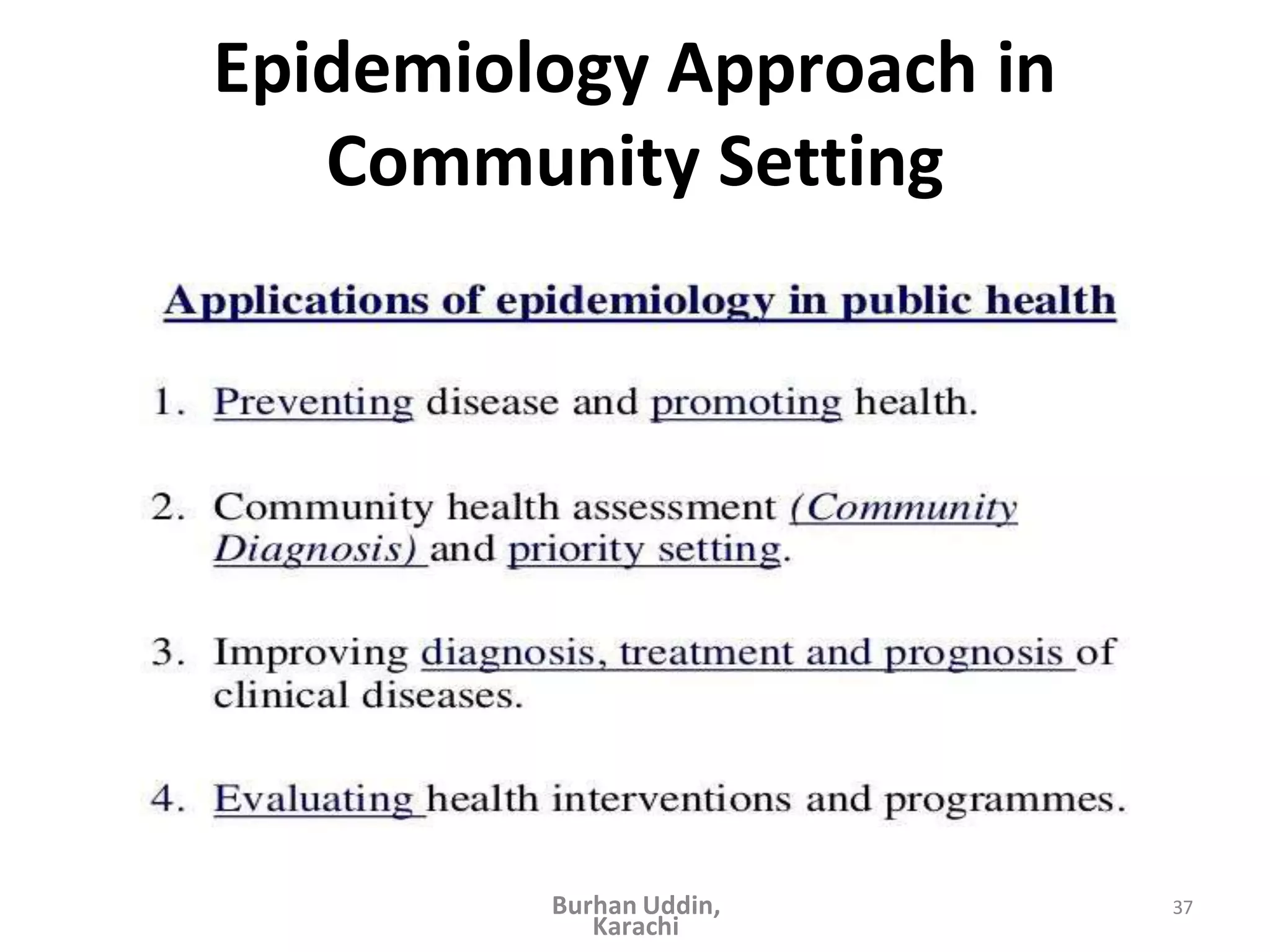 Epidemiology Approach in
Community Setting
37
Burhan Uddin,
Karachi
 