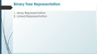 Binary Tree Representation
1. Array Representation
2. Linked Representation
 