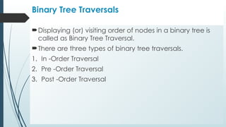 Binary Tree Traversals
Displaying (or) visiting order of nodes in a binary tree is
called as Binary Tree Traversal.
There are three types of binary tree traversals.
1. In -Order Traversal
2. Pre -Order Traversal
3. Post -Order Traversal
 
