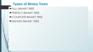 Types of Binary Trees
FULL BINARY TREE
PERFECT BINARY TREE
COMPLETE BINARY TREE
SKEWED BINARY TREE
 