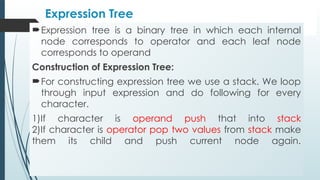 Expression Tree
Expression tree is a binary tree in which each internal
node corresponds to operator and each leaf node
corresponds to operand
Construction of Expression Tree:
For constructing expression tree we use a stack. We loop
through input expression and do following for every
character.
1)If character is operand push that into stack
2)If character is operator pop two values from stack make
them its child and push current node again.
 