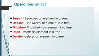 Operations on BST
Search− Searches an element in a tree.
FindMin– Find Minimum element in a tree
FindMax– Find Maximum element in a tree
Insert− Inserts an element in a tree.
Delete− deletes an element in a tree.
 