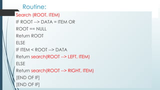 Routine:
Search (ROOT, ITEM)
IF ROOT --> DATA = ITEM OR
ROOT == NULL
Return ROOT
ELSE
IF ITEM < ROOT --> DATA
Return search(ROOT --> LEFT, ITEM)
ELSE
Return search(ROOT --> RIGHT, ITEM)
[END OF IF]
[END OF IF]
 