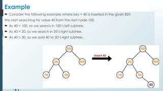 Example
 Consider the following example where key = 40 is inserted in the given BST-
We start searching for value 40 from the root node 100.
 As 40 < 100, so we search in 100’s left subtree.
 As 40 > 20, so we search in 20’s right subtree.
 As 40 > 30, so we add 40 to 30’s right subtree.
 
