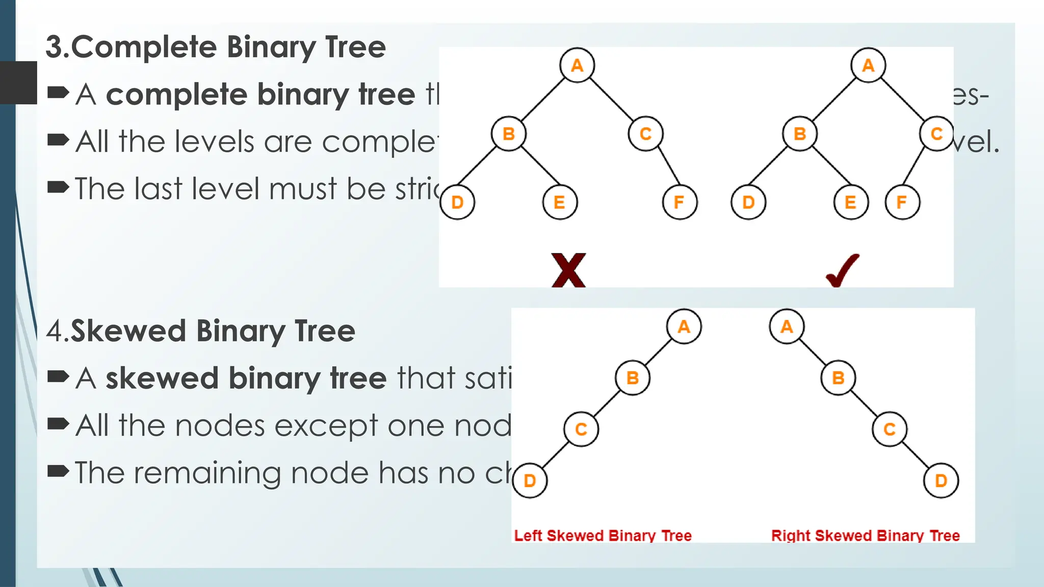 3.Complete Binary Tree
A complete binary tree that satisfies the following 2 properties-
All the levels are completely filled except possibly the last level.
The last level must be strictly filled from left to right.
4.Skewed Binary Tree
A skewed binary tree that satisfies the following 2 properties-
All the nodes except one node has one and only one child.
The remaining node has no child.
 