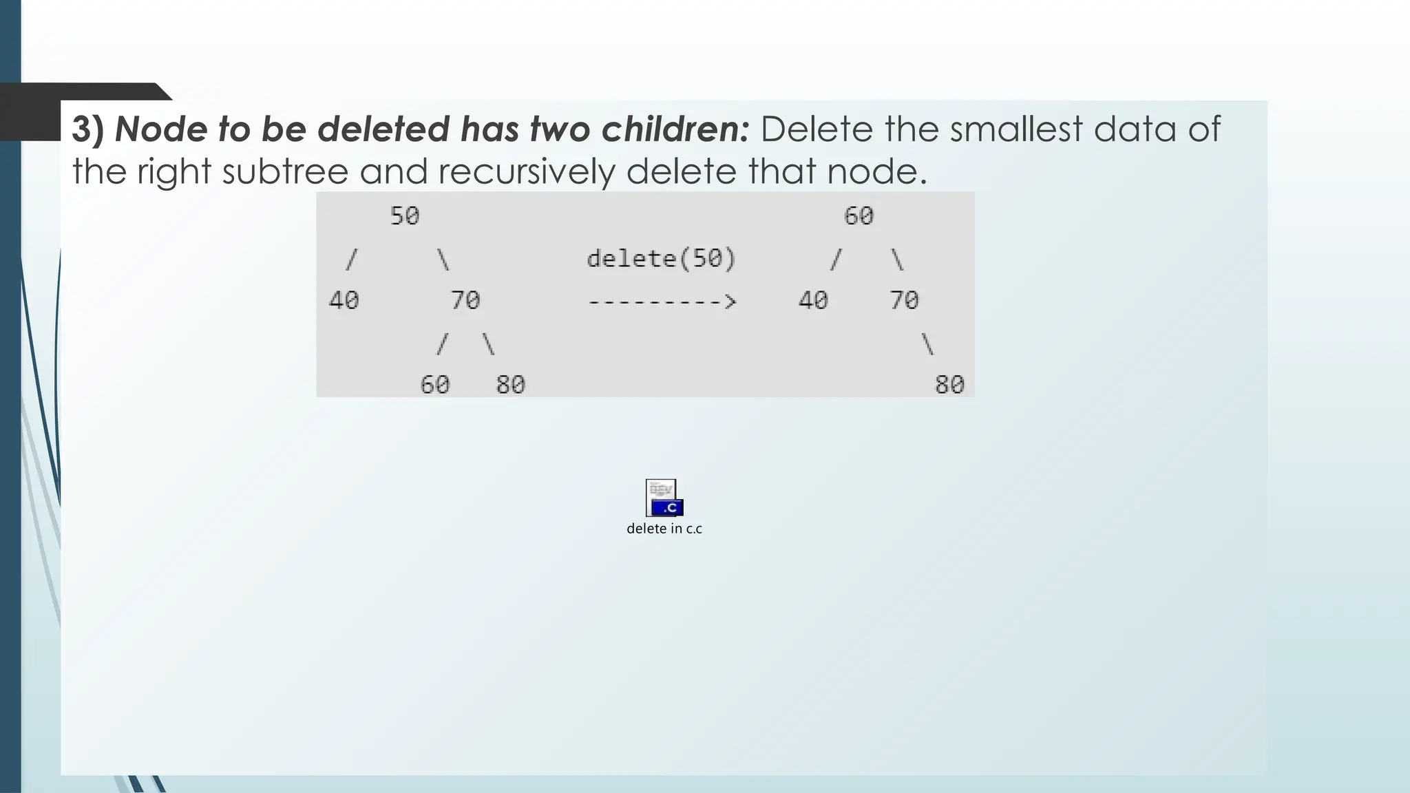 3) Node to be deleted has two children: Delete the smallest data of
the right subtree and recursively delete that node.
delete in c.c
 