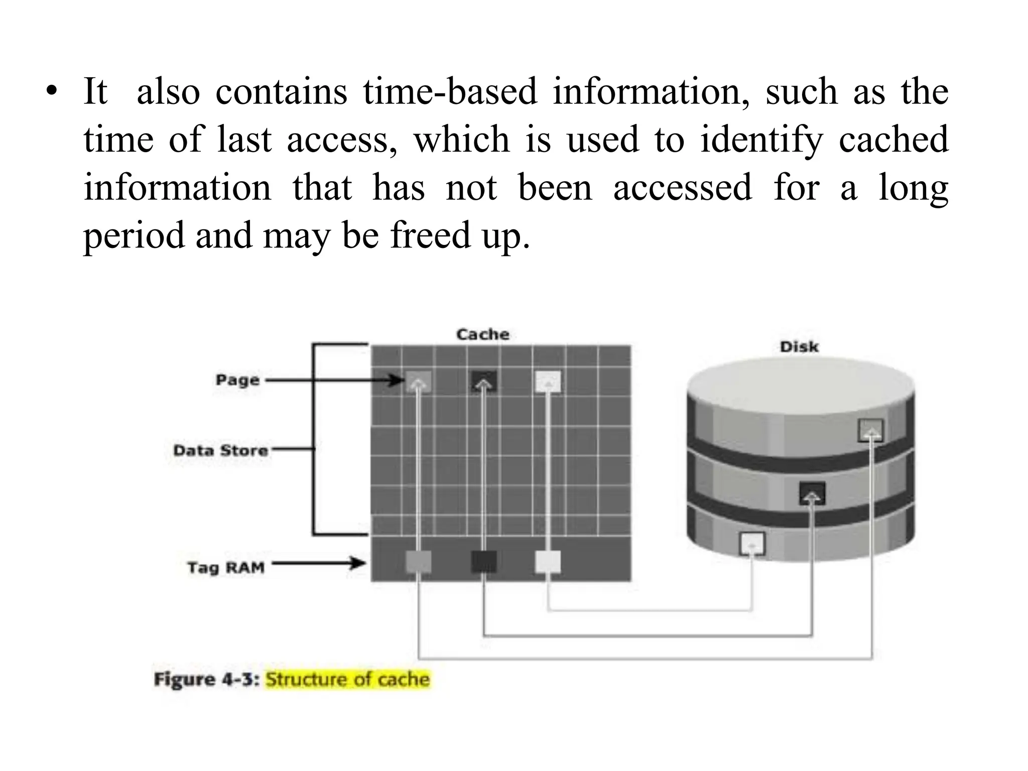 • It also contains time-based information, such as the
time of last access, which is used to identify cached
information that has not been accessed for a long
period and may be freed up.
 