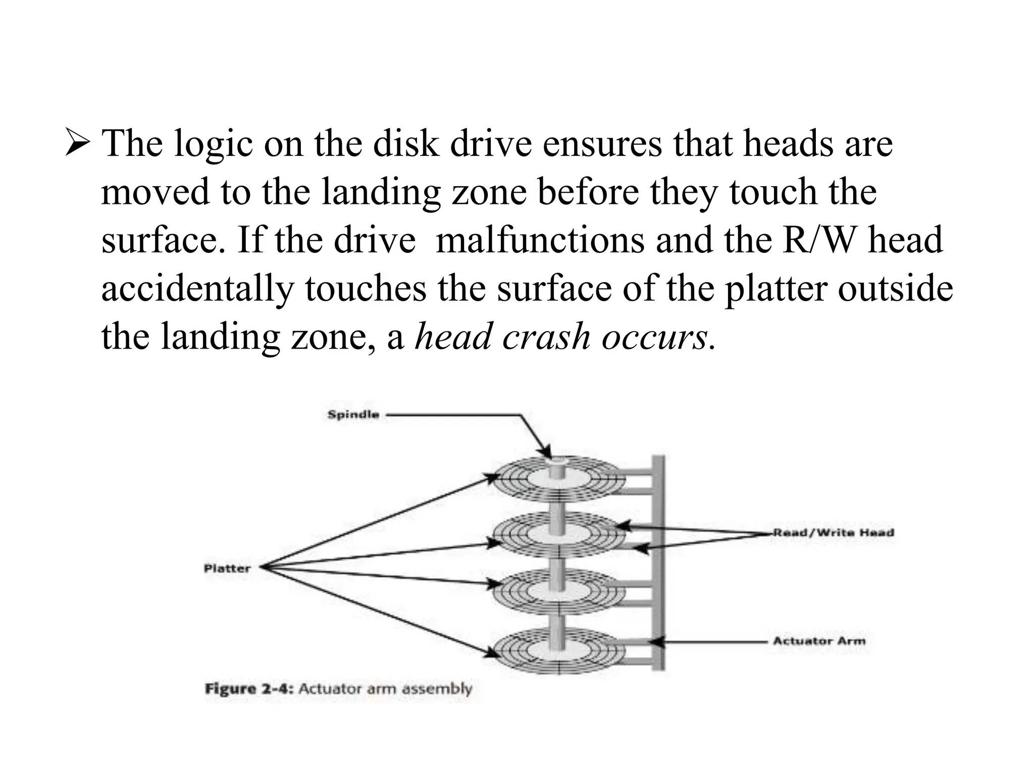  The logic on the disk drive ensures that heads are
moved to the landing zone before they touch the
surface. If the drive malfunctions and the R/W head
accidentally touches the surface of the platter outside
the landing zone, a head crash occurs.
 