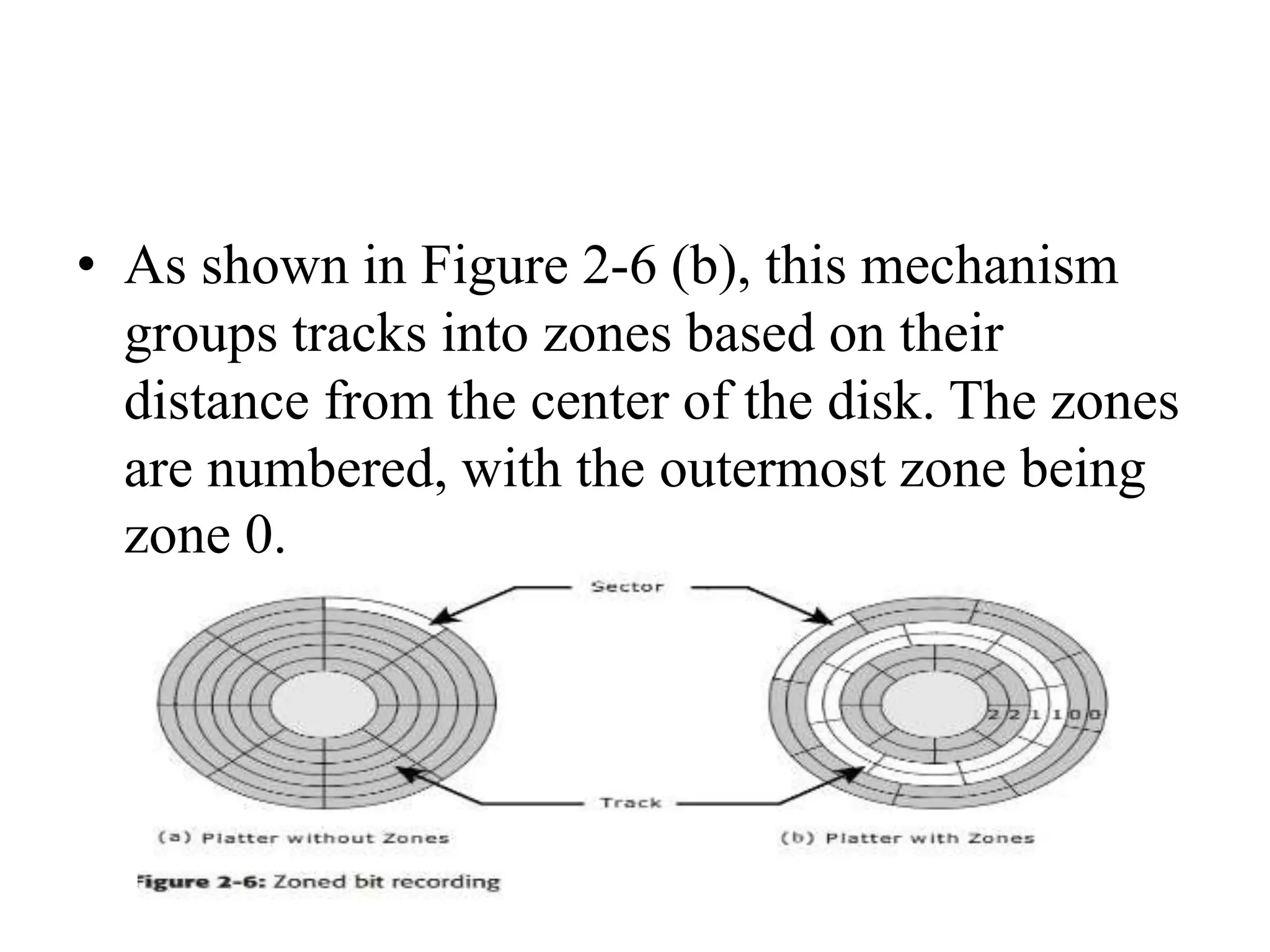 • As shown in Figure 2-6 (b), this mechanism
groups tracks into zones based on their
distance from the center of the disk. The zones
are numbered, with the outermost zone being
zone 0.
 