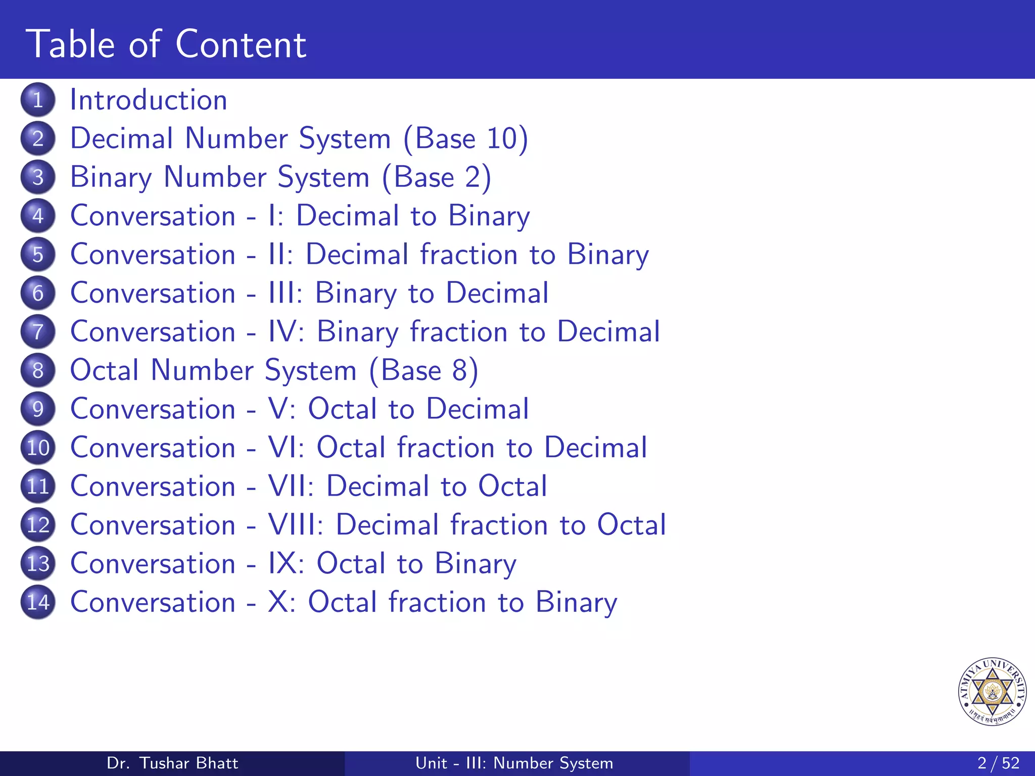 Table of Content
1 Introduction
2 Decimal Number System (Base 10)
3 Binary Number System (Base 2)
4 Conversation - I: Decimal to Binary
5 Conversation - II: Decimal fraction to Binary
6 Conversation - III: Binary to Decimal
7 Conversation - IV: Binary fraction to Decimal
8 Octal Number System (Base 8)
9 Conversation - V: Octal to Decimal
10 Conversation - VI: Octal fraction to Decimal
11 Conversation - VII: Decimal to Octal
12 Conversation - VIII: Decimal fraction to Octal
13 Conversation - IX: Octal to Binary
14 Conversation - X: Octal fraction to Binary
Dr. Tushar Bhatt Unit - III: Number System 2 / 52
 