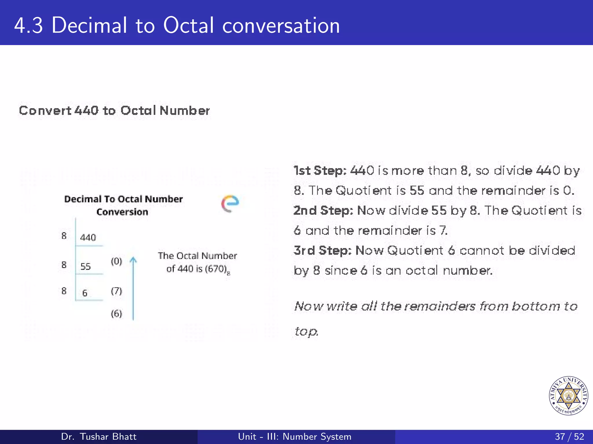 4.3 Decimal to Octal conversation
Dr. Tushar Bhatt Unit - III: Number System 37 / 52
 