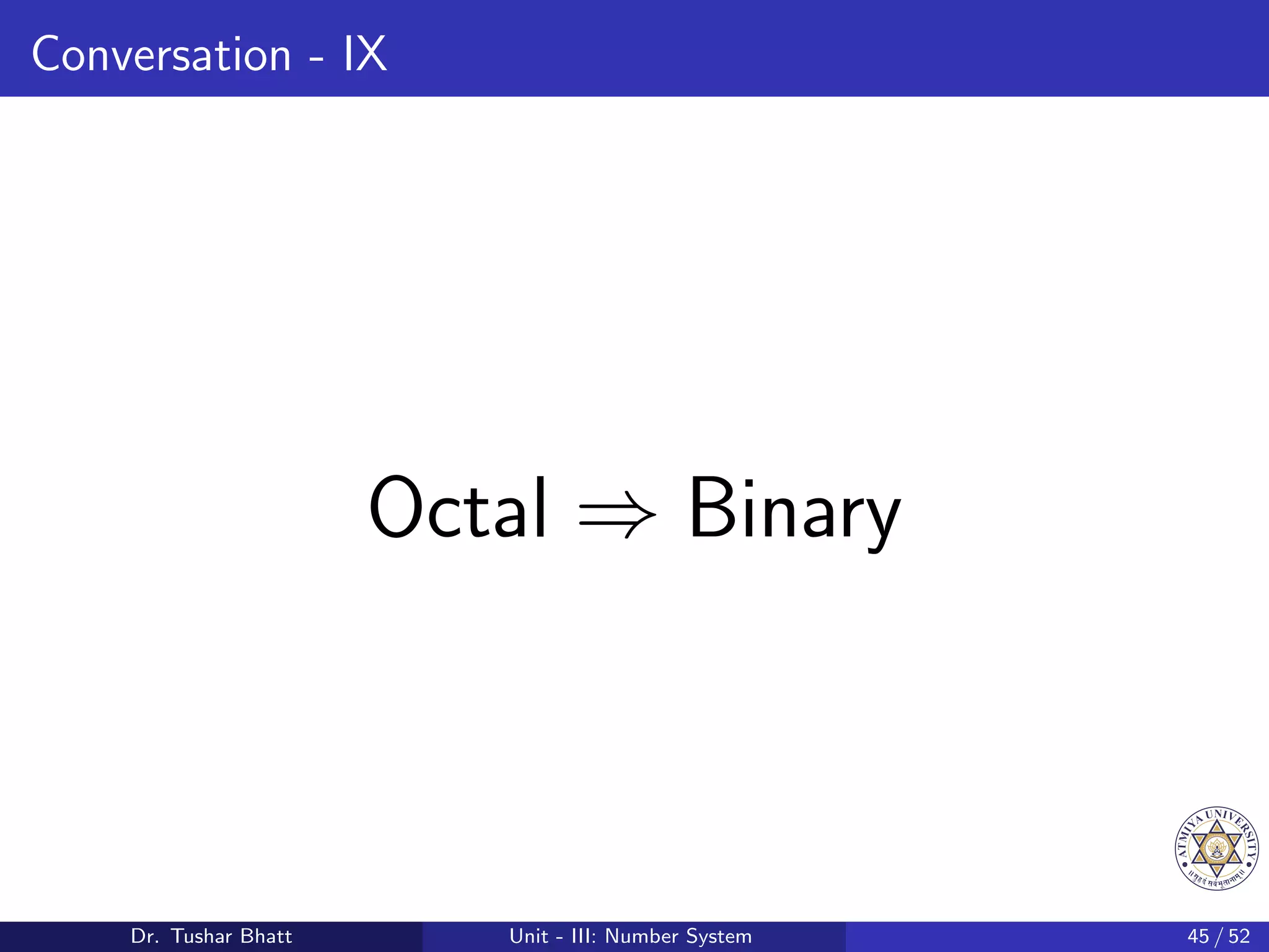 Conversation - IX
Octal ⇒ Binary
Dr. Tushar Bhatt Unit - III: Number System 45 / 52
 