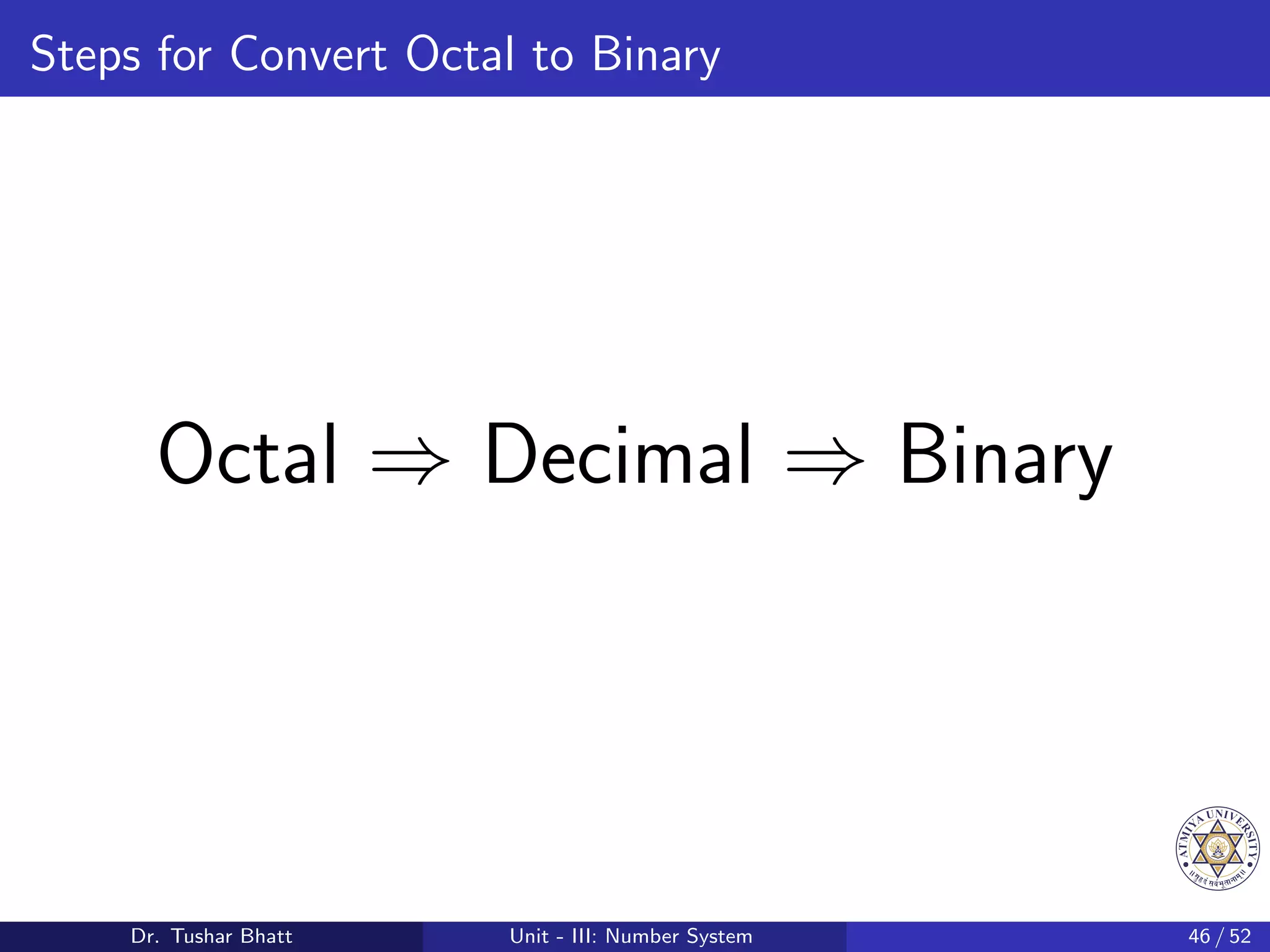 Steps for Convert Octal to Binary
Octal ⇒ Decimal ⇒ Binary
Dr. Tushar Bhatt Unit - III: Number System 46 / 52
 