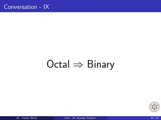 Conversation - IX
Octal ⇒ Binary
Dr. Tushar Bhatt Unit - III: Number System 45 / 52
 