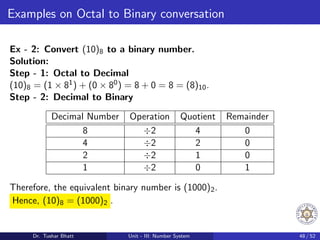 Examples on Octal to Binary conversation
Ex - 2: Convert (10)8 to a binary number.
Solution:
Step - 1: Octal to Decimal
(10)8 = (1 × 81) + (0 × 80) = 8 + 0 = 8 = (8)10.
Step - 2: Decimal to Binary
Decimal Number Operation Quotient Remainder
8 ÷2 4 0
4 ÷2 2 0
2 ÷2 1 0
1 ÷2 0 1
Therefore, the equivalent binary number is (1000)2.
Hence, (10)8 = (1000)2 .
Dr. Tushar Bhatt Unit - III: Number System 48 / 52
 