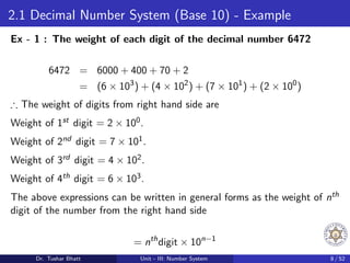 2.1 Decimal Number System (Base 10) - Example
Ex - 1 : The weight of each digit of the decimal number 6472
6472 = 6000 + 400 + 70 + 2
= (6 × 103
) + (4 × 102
) + (7 × 101
) + (2 × 100
)
∴ The weight of digits from right hand side are
Weight of 1st digit = 2 × 100.
Weight of 2nd digit = 7 × 101.
Weight of 3rd digit = 4 × 102.
Weight of 4th digit = 6 × 103.
The above expressions can be written in general forms as the weight of nth
digit of the number from the right hand side
= nth
digit × 10n−1
Dr. Tushar Bhatt Unit - III: Number System 8 / 52
 