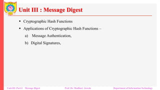 Unit III : Message Digest
▪ Cryptographic Hash Functions
▪ Applications of Cryptographic Hash Functions –
a) Message Authentication,
b) Digital Signatures,
Unit-III: Part-I Message Digest Prof. Dr. Madhuri Jawale Department of Information Technology
 