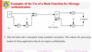 Examples of the Use of a Hash Function for Message
Authentication
Unit-III: Part-I Message Digest Prof. Dr. Madhuri Jawale Department of Information Technology
▪ Only the hash code is encrypted, using symmetric encryption. This reduces the processing
burden for those applications that do not require confidentiality.
 