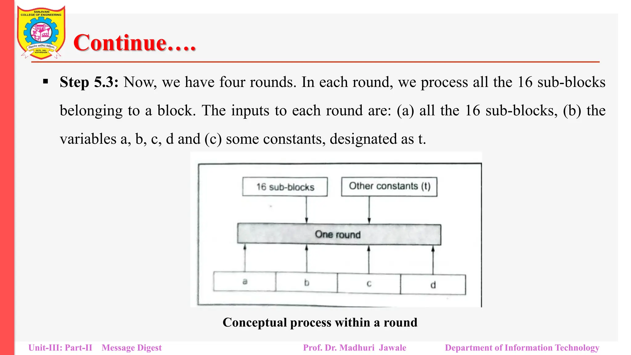Continue….
▪ Step 5.3: Now, we have four rounds. In each round, we process all the 16 sub-blocks
belonging to a block. The inputs to each round are: (a) all the 16 sub-blocks, (b) the
variables a, b, c, d and (c) some constants, designated as t.
Unit-III: Part-II Message Digest Prof. Dr. Madhuri Jawale Department of Information Technology
Conceptual process within a round
 