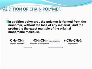  In addition polymers , the polymer is formed from the
 monomer, without the loss of any material, and the
 product is the exact multiple of the original
 monomeric molecule.

   CH2=CH2              -CH2-CH2-              POLYMERIZATION   (-CH2-CH2-)n
  Ethylene monomer   Molecular Rearrangement                      Polyethylene
 