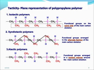 Tacticity- Plane representation of polypropylene polymer

   1. Isotactic polymers
           H        H       H          H         H
           CH2 C CH2 C CH2 C CH2       C CH2 C
                                                         Functional groups on the
              CH3   CH3     CH3        CH3       CH3     same side of the main carbon
                                                         skeleton

 2. Syndiotactic polymers
              H     CH3    H       CH3       H
                                                       Functional groups arranged
       CH2 C CH2 C CH2 C CH2       C CH2 C             in the alternate fashion of the
                                                       main carbon skeleton
              CH3   H      CH3     H         CH3

   3.Atactic polymers
              H     CH3     CH3    H         H
                                                        Functional groups arranged
       CH2 C CH2 C CH2 C CH2       C CH2 C              in a random manner around
                                                        the main carbon skeleton
              CH3   H       H      CH3       CH3

11/11/12                                                                                 6
 