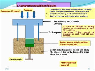 Pressure   •   The process of molding a material in a confined
Pressure = 70 kg/cm      2
                                               shape by applying pressure and usually heat.
                                           •   Almost exclusively for thermoset materials
                                           •   Used to produce mainly electrical products

                                                   Top moulding part of the die
                                                   (plunger)
                                                             •A force of 2900psi is usually
                                                             required for moldings up to 1inch
                                                             (25 mm) thick.
                                               Guide pins •An added 725psi should be
                                                             provided for each 1inch (25 mm)
                                                             increase.


                                                          Molten polymer with ingredients
                                                          in the cavity at 200oC

                                                Bottom moulding part of the die with cavity
                                                (the shape of the cavity decides the shape
                                                of the final product)

               Extraction pin
                                                           Pressed plastic
                                                           material
    11/11/12                                                                                80
 