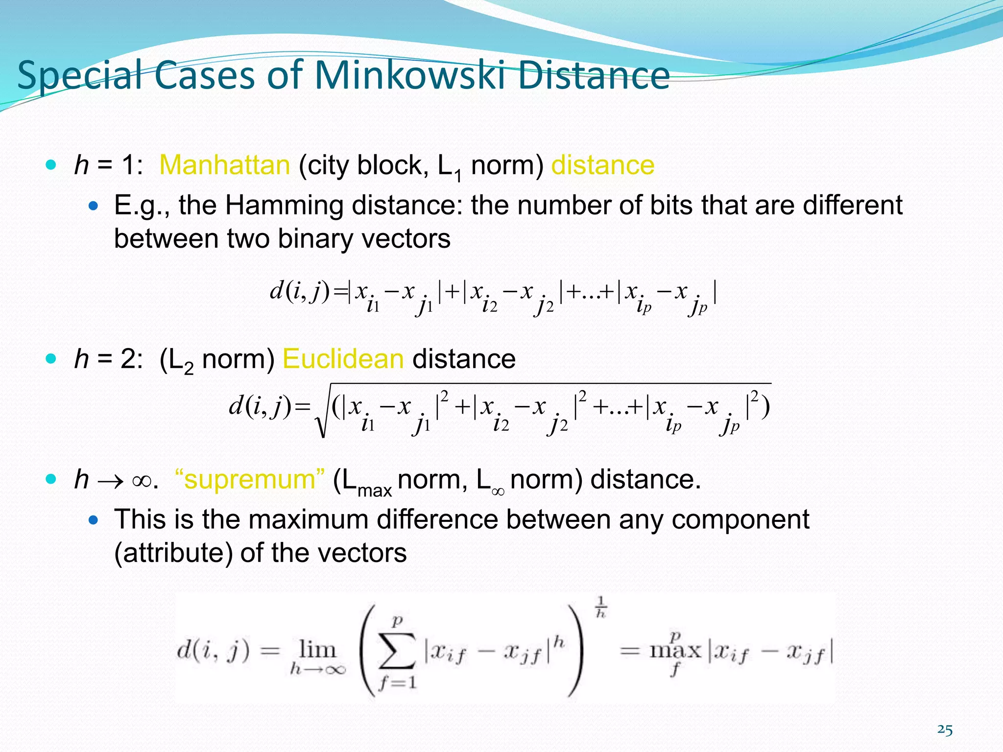 Special Cases of Minkowski Distance
 h = 1: Manhattan (city block, L1 norm) distance
 E.g., the Hamming distance: the number of bits that are different
between two binary vectors
 h = 2: (L2 norm) Euclidean distance
 h  . “supremum” (Lmax norm, L norm) distance.
 This is the maximum difference between any component
(attribute) of the vectors
||...||||),(
2211 pp j
x
i
x
j
x
i
x
j
x
i
xjid 
25
)||...|||(|),( 22
22
2
11 pp j
x
i
x
j
x
i
x
j
x
i
xjid 
 