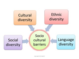 Socio
cultural
barriers
Social
diversity
Cultural
diversity
Ethnic
diversity
Language
diversity
RAJ BAPTIST PINTO
 