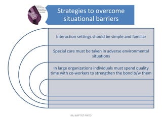Strategies to overcome
situational barriers
Interaction settings should be simple and familiar
Special care must be taken in adverse environmental
situations
In large organizations individuals must spend quality
time with co-workers to strengthen the bond b/w them
RAJ BAPTIST PINTO
 