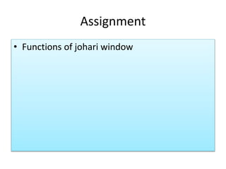 Assignment
• Functions of johari window
 