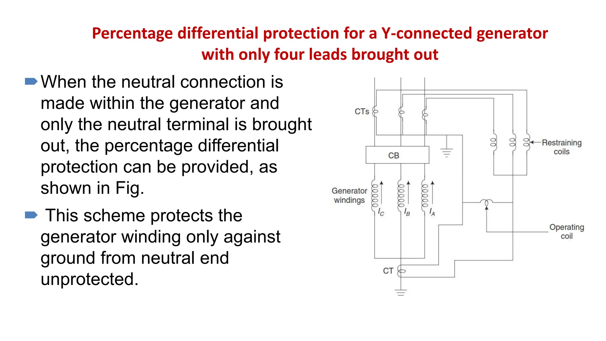 Percentage differential protection for a Y-connected generator
with only four leads brought out
When the neutral connection is
made within the generator and
only the neutral terminal is brought
out, the percentage differential
protection can be provided, as
shown in Fig.
 This scheme protects the
generator winding only against
ground from neutral end
unprotected.
 