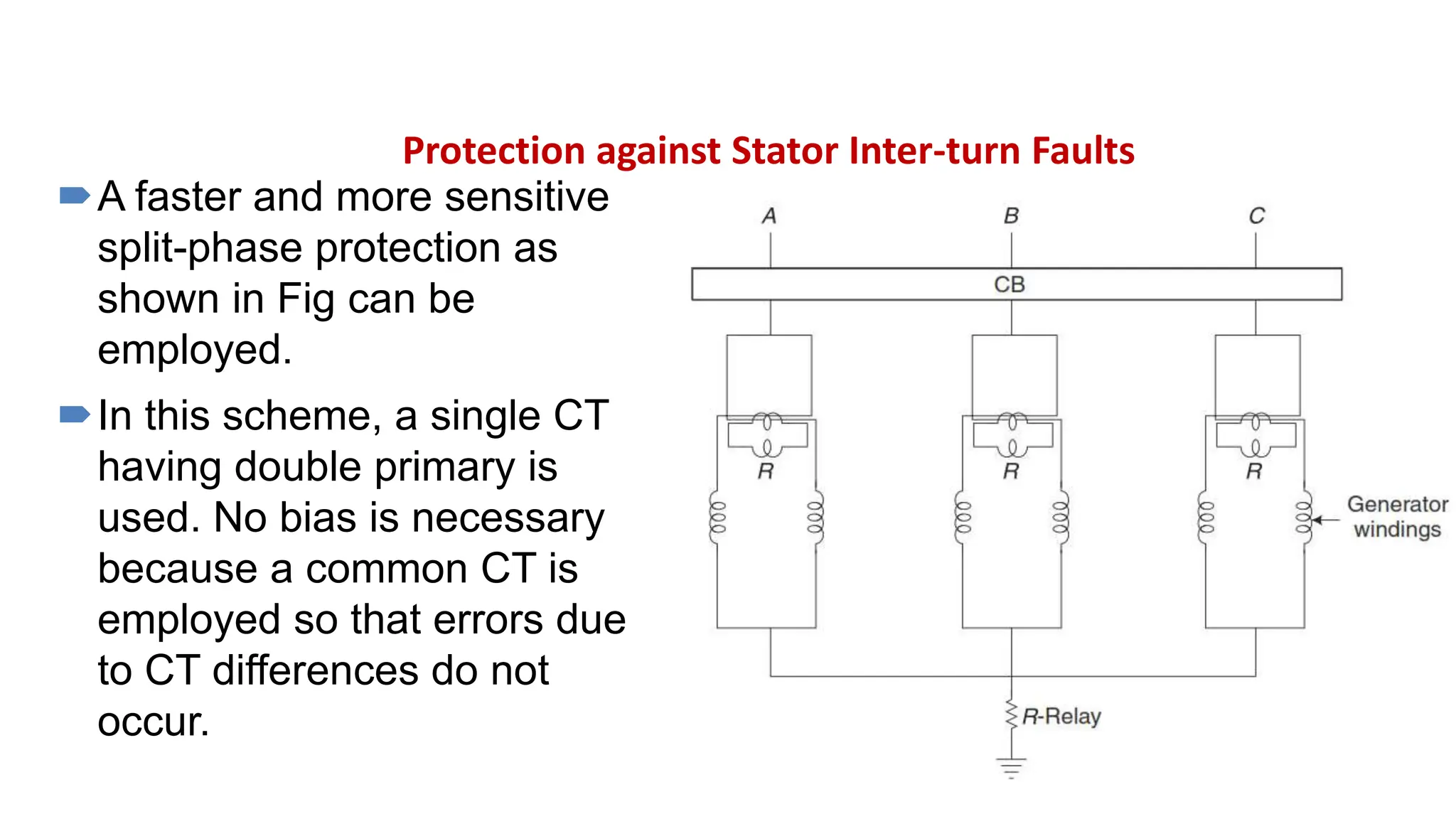 Protection against Stator Inter-turn Faults
A faster and more sensitive
split-phase protection as
shown in Fig can be
employed.
In this scheme, a single CT
having double primary is
used. No bias is necessary
because a common CT is
employed so that errors due
to CT differences do not
occur.
 