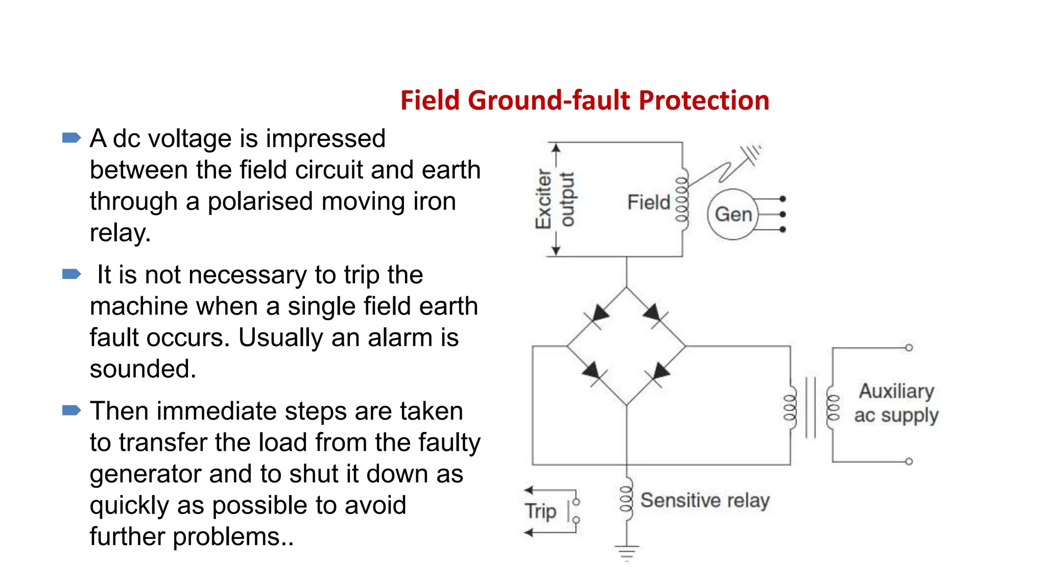Field Ground-fault Protection
 A dc voltage is impressed
between the field circuit and earth
through a polarised moving iron
relay.
 It is not necessary to trip the
machine when a single field earth
fault occurs. Usually an alarm is
sounded.
 Then immediate steps are taken
to transfer the load from the faulty
generator and to shut it down as
quickly as possible to avoid
further problems..
 