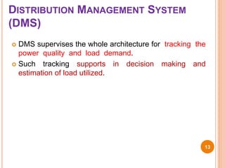 DISTRIBUTION MANAGEMENT SYSTEM
(DMS)
 DMS supervises the whole architecture for tracking the
power quality and load demand.
 Such tracking supports in decision making and
estimation of load utilized.
13
 