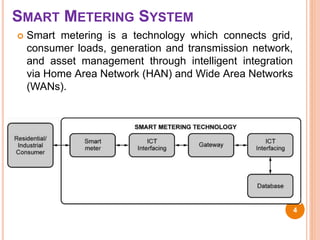 SMART METERING SYSTEM
 Smart metering is a technology which connects grid,
consumer loads, generation and transmission network,
and asset management through intelligent integration
via Home Area Network (HAN) and Wide Area Networks
(WANs).
4
 