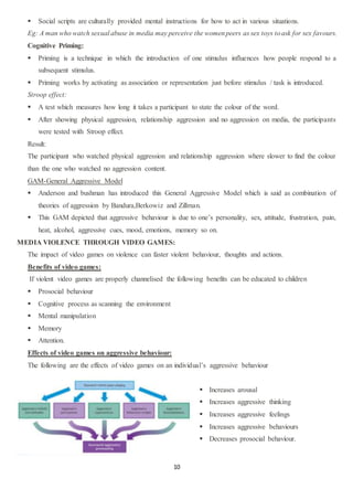 10
 Social scripts are culturally provided mental instructions for how to act in various situations.
Eg: A man who watch sexual abuse in media may perceive the womenpeers as sex toys toask for sex favours.
Cognitive Priming:
 Priming is a technique in which the introduction of one stimulus influences how people respond to a
subsequent stimulus.
 Priming works by activating as association or representation just before stimulus / task is introduced.
Stroop effect:
 A test which measures how long it takes a participant to state the colour of the word.
 After showing physical aggression, relationship aggression and no aggression on media, the participants
were tested with Stroop effect.
Result:
The participant who watched physical aggression and relationship aggression where slower to find the colour
than the one who watched no aggression content.
GAM-General Aggressive Model
 Anderson and bushman has introduced this General Aggressive Model which is said as combination of
theories of aggression by Bandura,Berkowiz and Zillman.
 This GAM depicted that aggressive behaviour is due to one’s personality, sex, attitude, frustration, pain,
heat, alcohol, aggressive cues, mood, emotions, memory so on.
MEDIA VIOLENCE THROUGH VIDEO GAMES:
The impact of video games on violence can faster violent behaviour, thoughts and actions.
Benefits of video games:
If violent video games are properly channelised the following benefits can be educated to children
 Prosocial behaviour
 Cognitive process as scanning the environment
 Mental manipulation
 Memory
 Attention.
Effects of video games on aggressive behaviour:
The following are the effects of video games on an individual’s aggressive behaviour
 Increases arousal
 Increases aggressive thinking
 Increases aggressive feelings
 Increases aggressive behaviours
 Decreases prosocial behaviour.
 