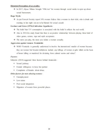 12
Distorted Perception of sex reality:
 In 2017, Alyssa Milano brought “#Me too” for women through social media to open up about
sexual harassment.
Rape Myth:
 As per Fawcett Society report 34% women believe that a woman in short skirt, who is drunk and
roaming in late night out are to be blamed for sexual assault.
Gesbner and Gross (1976)-Cultivation hypothesis:
 The belief that T.V consumption is associated with the belief it reflects the real world.
 Also in 2016 fox study found that there is an positive relationship between playing these kind of
video games, sexism, rape and myth acceptance.
 The more you play, the more you violate a woman sexually.
Aggression against women: Feminicide:
 WHO “Femicide is generally understood to involve the international murder of women because
they are women but broader definitions include any killings of women or girls killed on the basis
of honor killing or murdered for deviating from cultural norms and values”.
Factors:
Edlestrin (2018) suggested three factors behind feminicide:
 Sexual jealousy
 Female willingness to leave her partner
 Complaints of females about abuse.
Other factors for men abusing women:
 Unemployment
 Low-status
 Poor social integration
 Migration of women from powerful places.
 