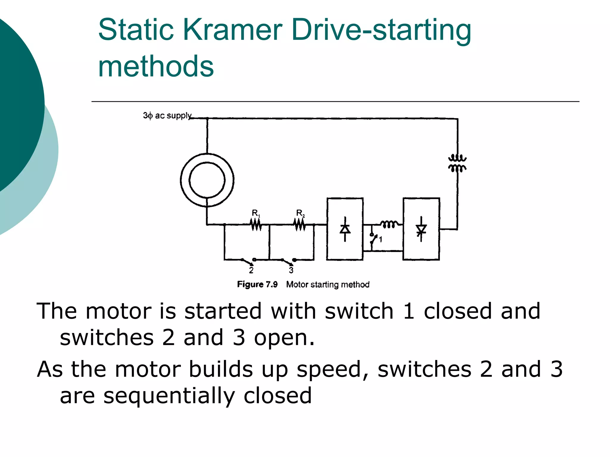 Static Kramer Drive-starting
methods
The motor is started with switch 1 closed and
switches 2 and 3 open.
As the motor builds up speed, switches 2 and 3
are sequentially closed
 