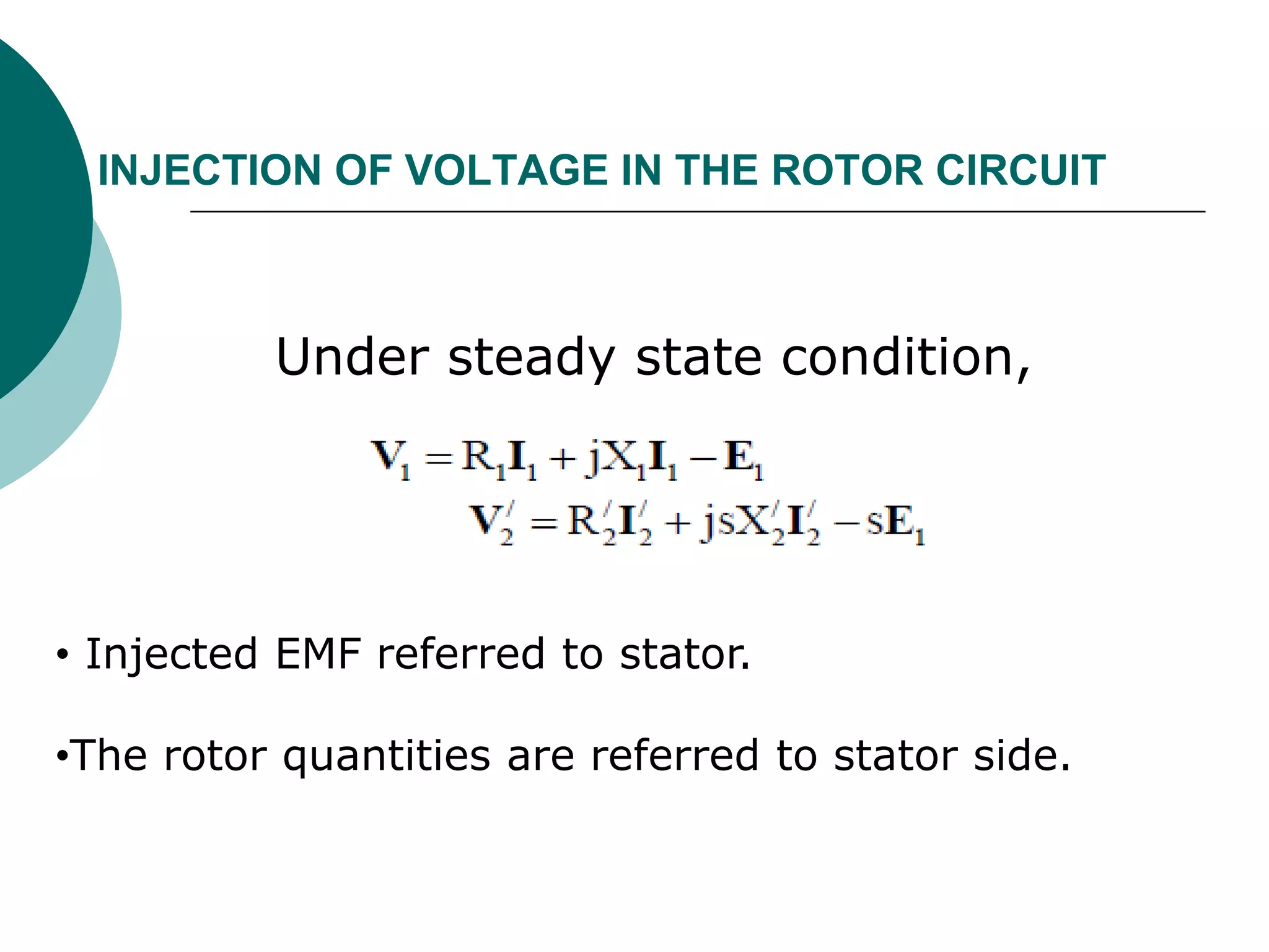 INJECTION OF VOLTAGE IN THE ROTOR CIRCUIT
Under steady state condition,
• Injected EMF referred to stator.
•The rotor quantities are referred to stator side.
 